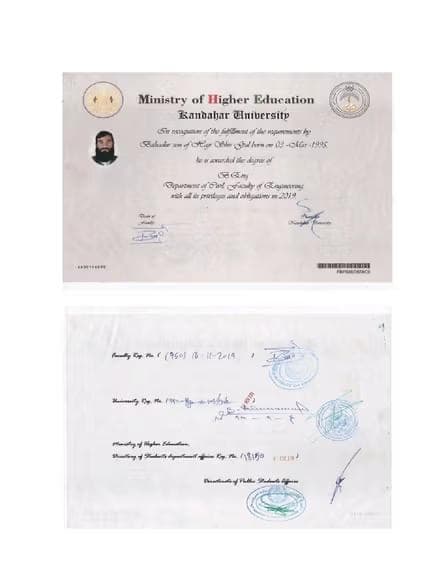 Taliban supporters publish academic certificate of the new head of Herat Engineering Faculty.